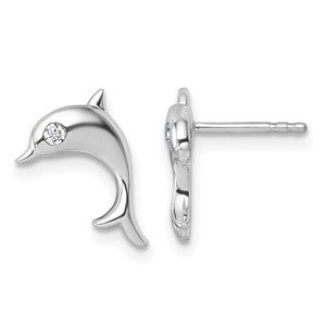 925 Sterling Silver Rhodium-plated Diamond Dolphin Post Earrings